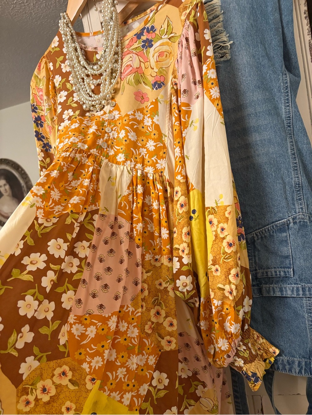 Floral Patchwork Boho Dress in Yellow, Pink & Brown - Picture 2 of 4